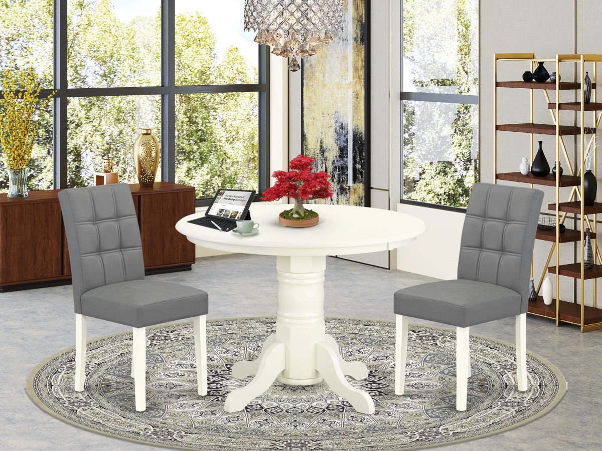 SHAS3-WHI-41 Kitchen Table Set, Linen White - A Kitchen Wood Table & 2 Platinum Gray Leather Dining Chairs with Stylish Back - 3 Piece