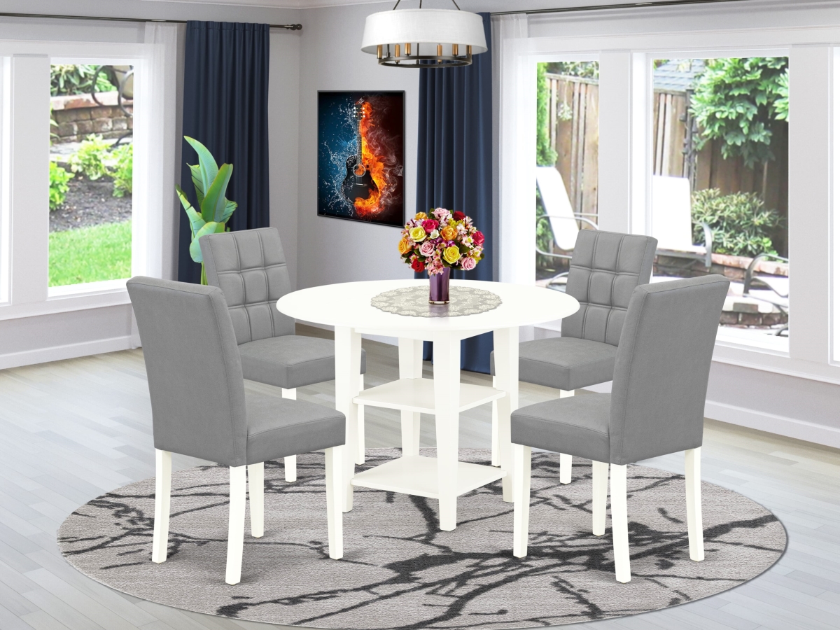 SUAS5-LWH-41 Dinner Table Set, Linen White - A Dining Table & 4 Platinum Gray Leather Mid - 5 Piece