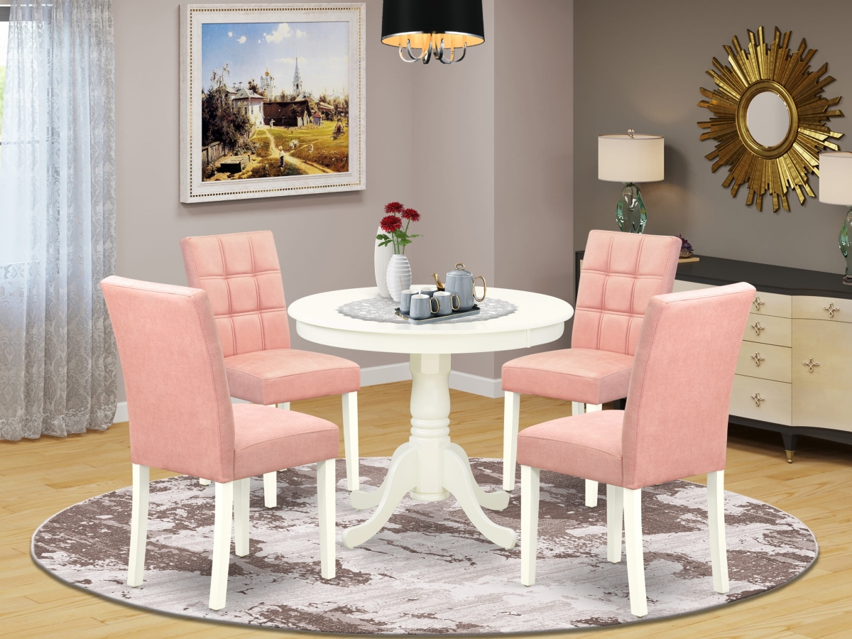 ANAS5-LWH-42 Dinner Table Set, Linen White - A Dining Table & 4 Beige Red Leather Wooden Chairs with Stylish Back - 5 Piece