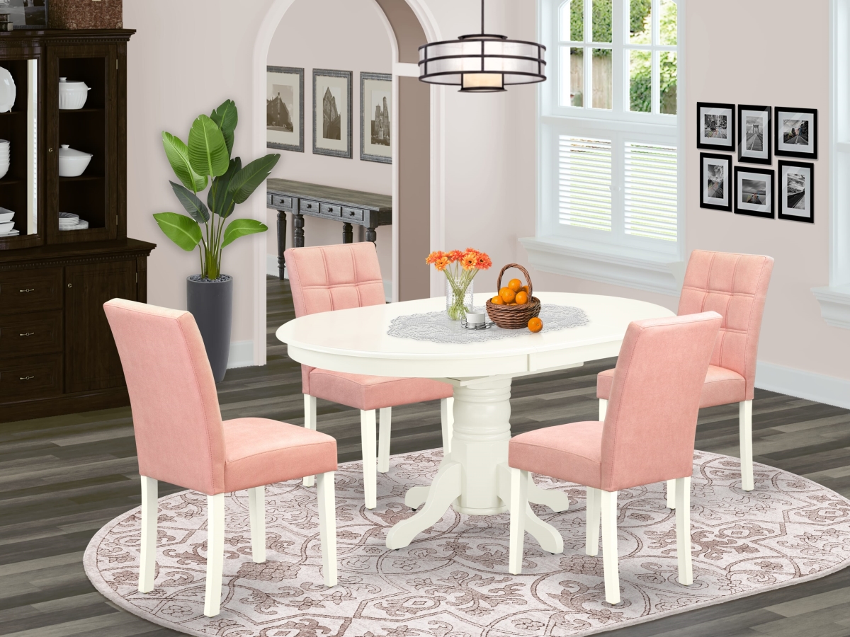 AVAS5-LWH-42 Kitchen Table Set, Linen White - A Wooden Table & 4 Beige Red Upholstered Dining Chairs with Stylish Back - 5 Piece