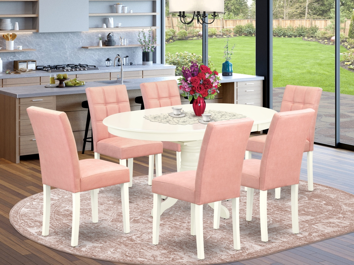 AVAS7-LWH-42 Dinner Table Set, Linen White - A Dining Table & 6 Beige Red Dark Gray Kitchen Chairs with Stylish Back - 7 Piece