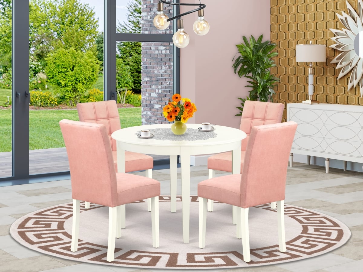 BOAS5-WHI-42 Dinner Table Set, Linen White - A Dining Table & 4 Beige Red Faux Leather Parson Chairs with Stylish Back - 5 Piece