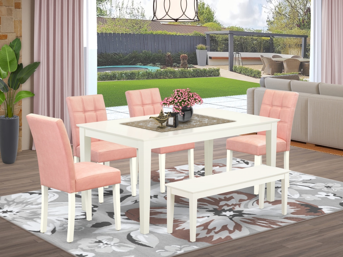 CAAS6-LWH-42 A Table Set Table & A Wooden Bench 4 Beige Red Leather Parson Chairs with Stylish Back, Linen White - 6 Piece