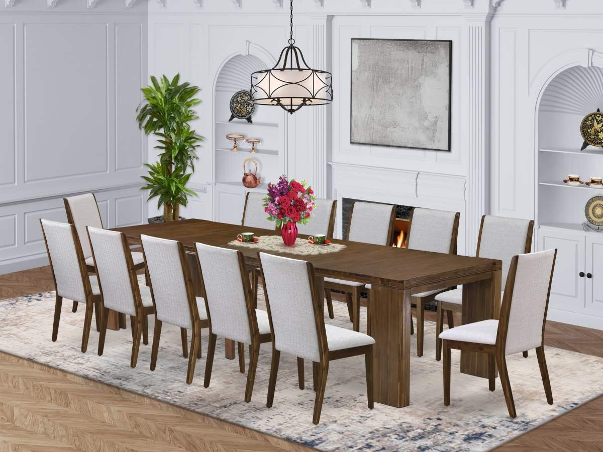 X12LA-008-05 Extendable Dining Set, Antique Walnut - A Rectangle Xtenczar Table & 12 Gray Linen Fabric Dining Chairs - 13 Piece