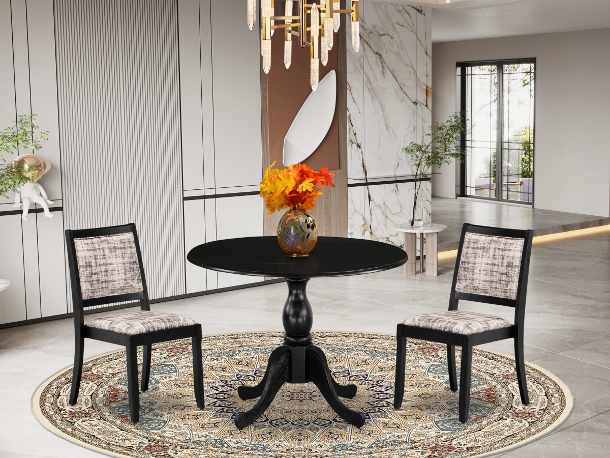DSX23-BLK-30 Dining Set, Black - A Round Table & 2 Stackable Faux Leather Fabric Chairs - 3 Piece