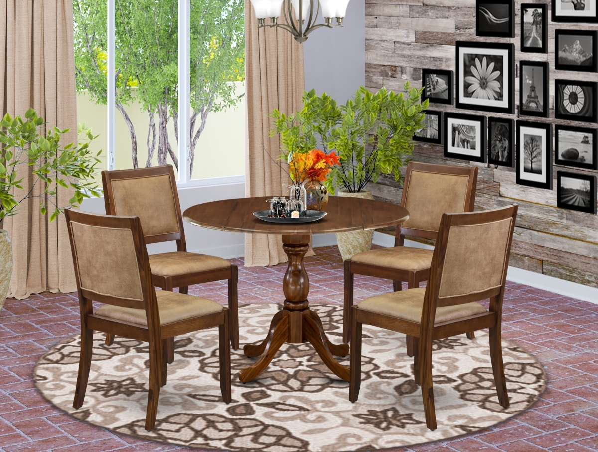 DSX25-AWA-28 Dining Set with A Round Table & 4 Brown Textured Faux Leather Stackable Chair, Antique Walnut - 5 Piece
