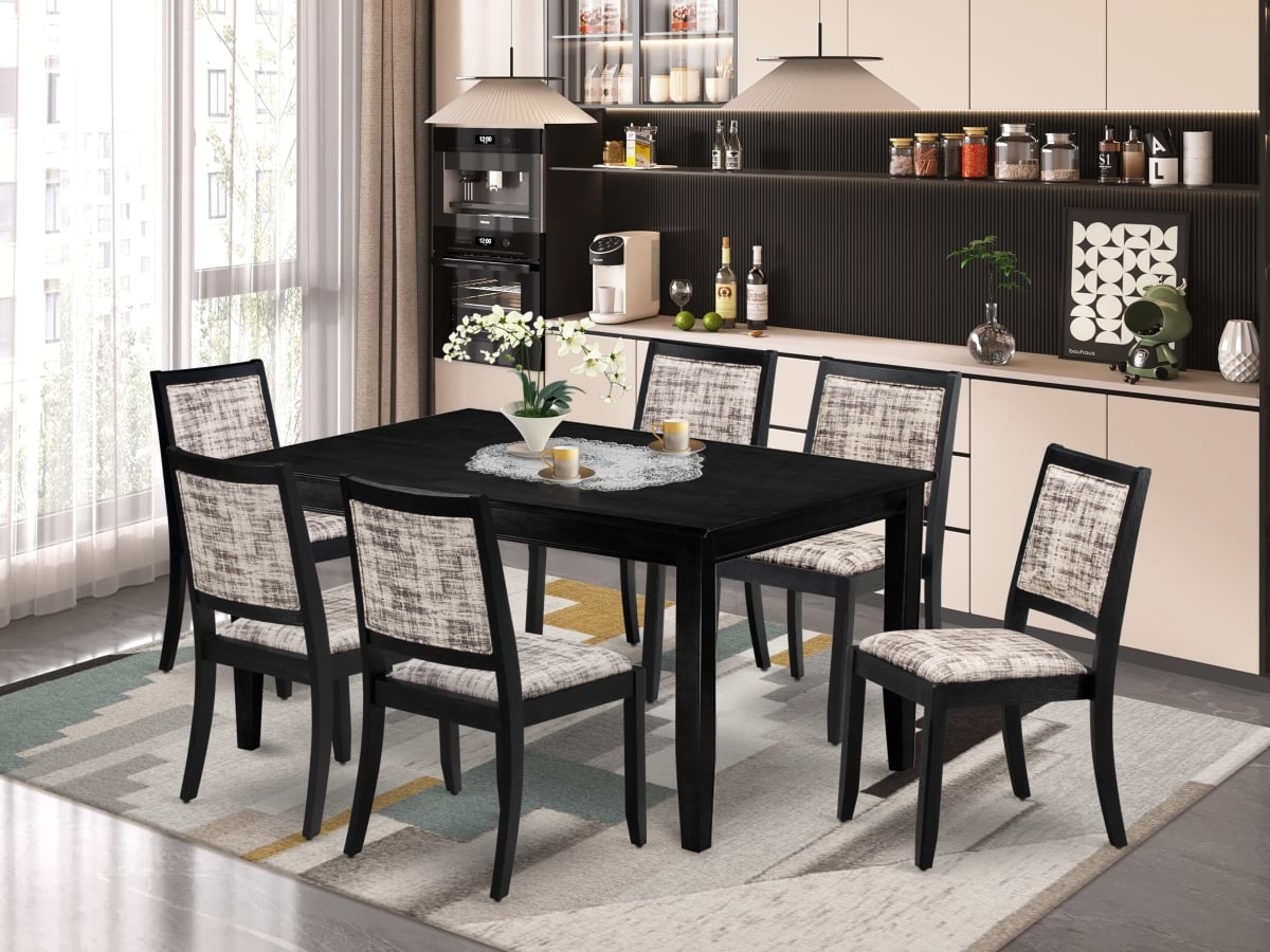DUX27-BLK-30 A Rectangular Table & 6 Stackable Faux Leather Fabric Chairs Dining Set, Black - 7 Piece