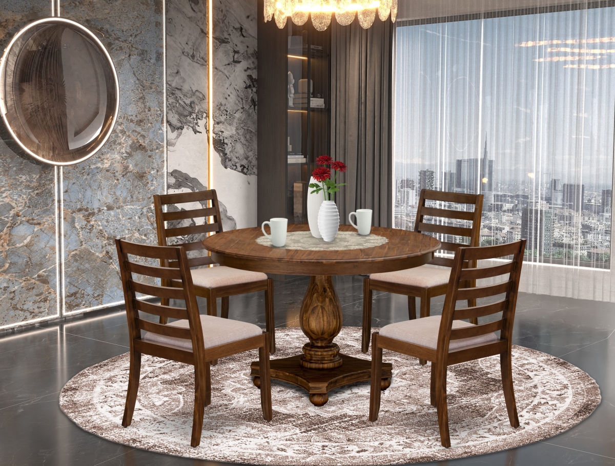 F2X15-0N-04 Dining Set with A Round Table & 4 Light Tan Linen Fabric Stackable Chairs, Antique Walnut - 5 Piece