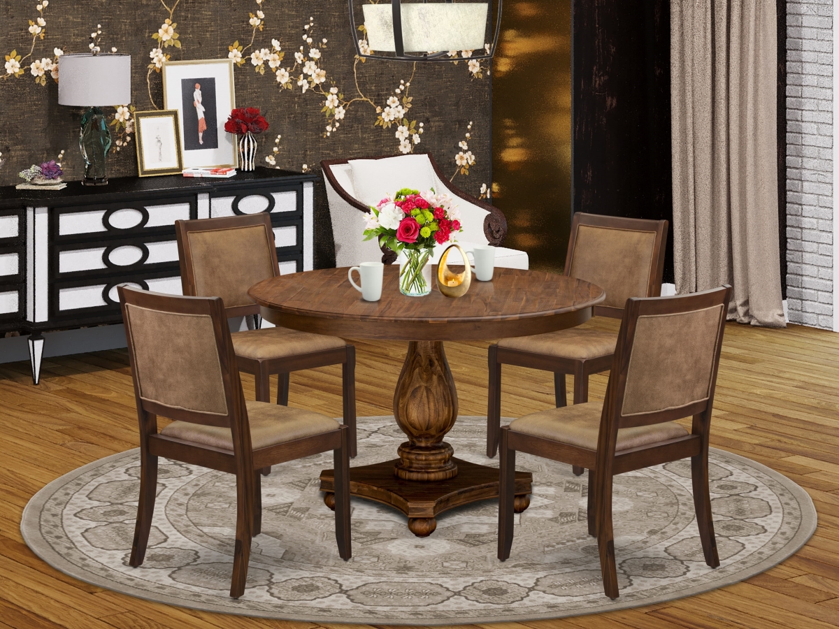 F2X25-0N-28 Dining Set with A Round Table & 4 Brown Textured Faux Leather Stackable Chairs, Antique Walnut - 5 Piece