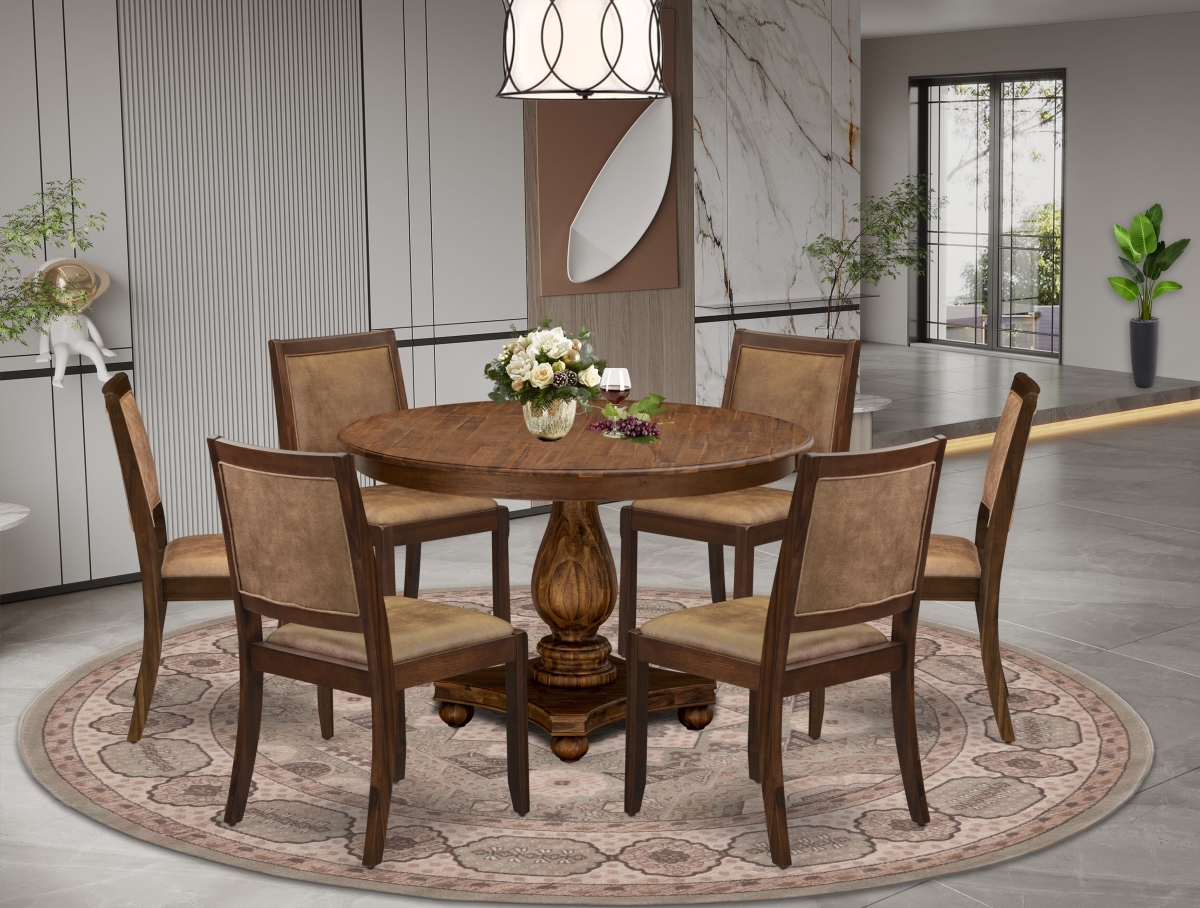 F2X27-0N-28 Kitchen Table Set Included A Round Table & 6 Brown Textured Leather Stackable Chair, Antique Walnut - 7 Piece