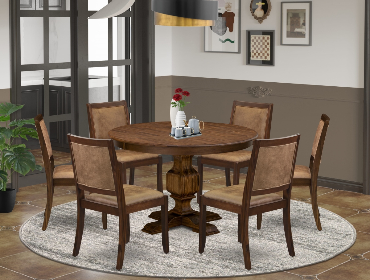 F3X27-0N-28 Kitchen Table Set with A Round Table & 6 Brown Texture Leather Stackable Chair, Antique Walnut - 7 Piece