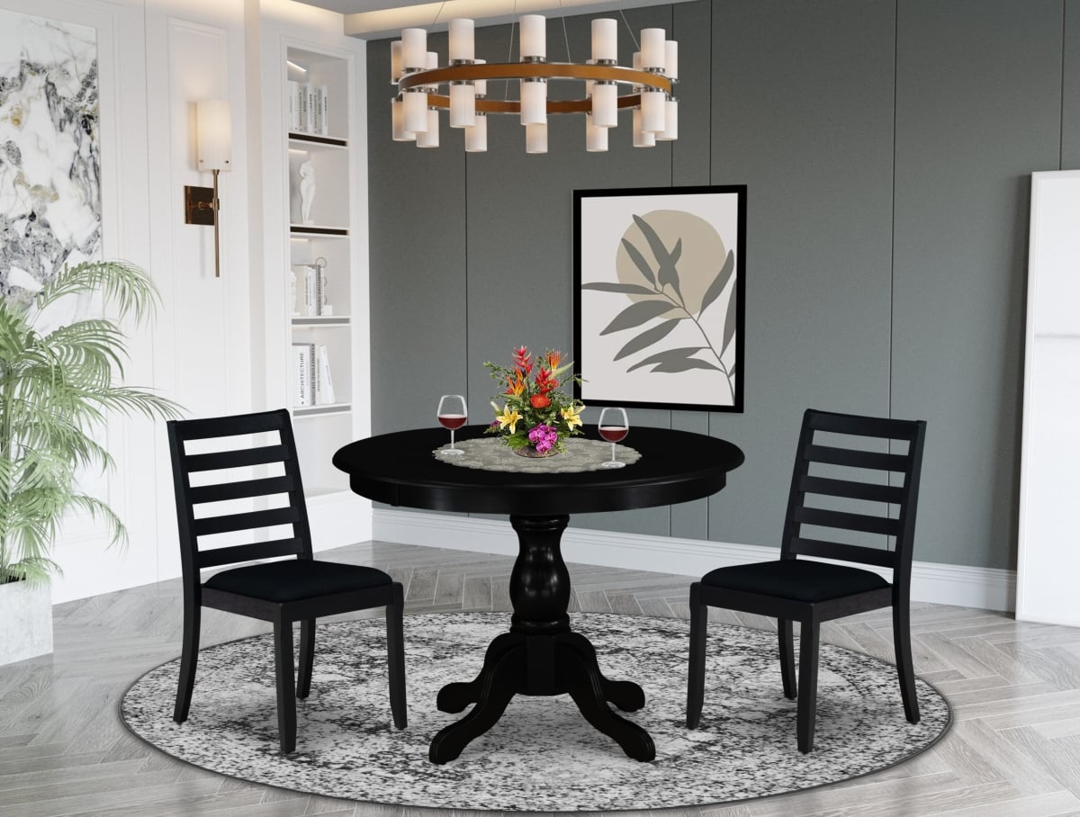 HBX13-ABK-24 Dining Set, Wire Brushed Black - A Round Table & 2 Stackable Linen Fabric Chairs - 3 Piece