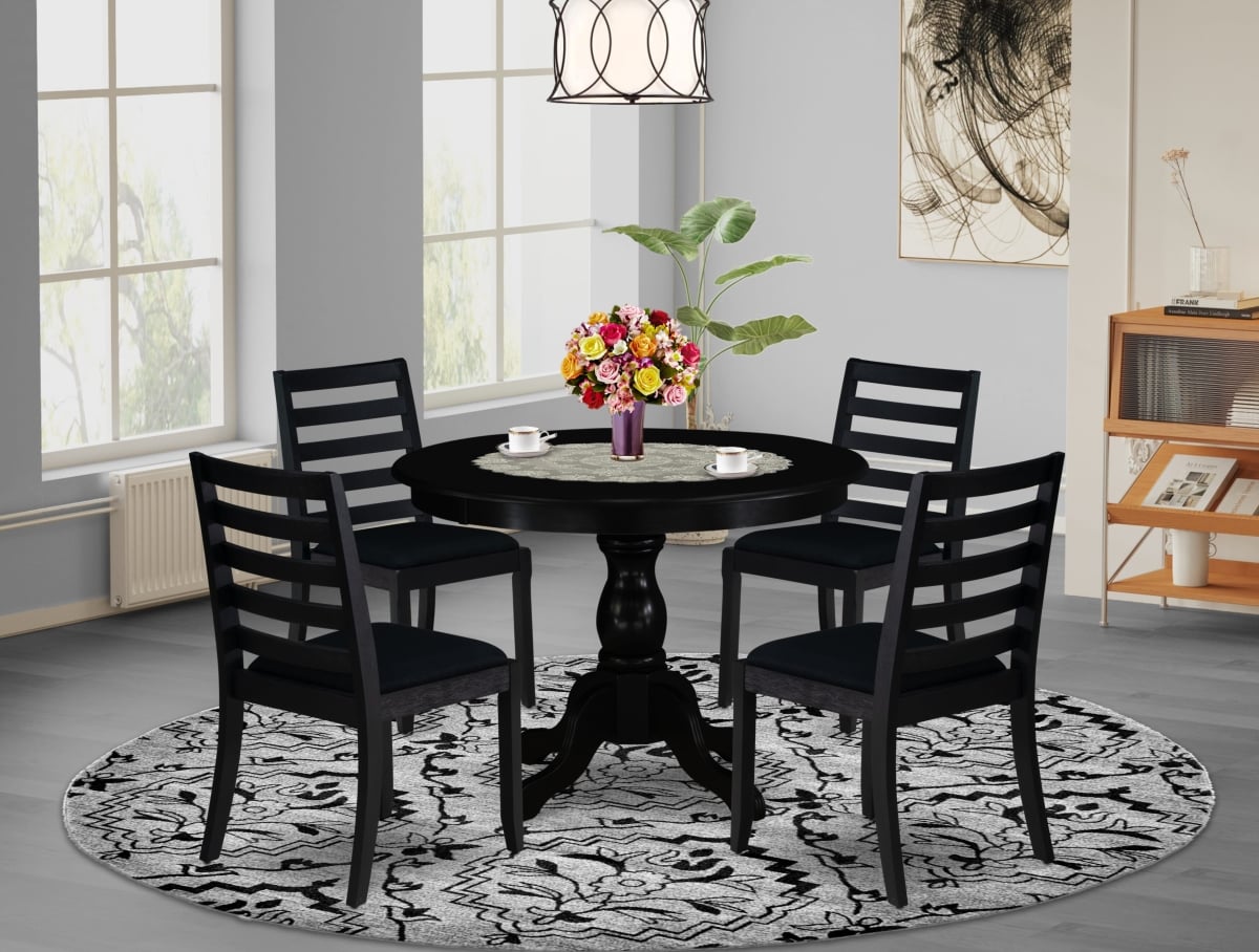 HBX15-ABK-24 Dining Set, Wire Brushed Black - A Round Table & 4 Stackable Linen Fabric Chairs - 5 Piece