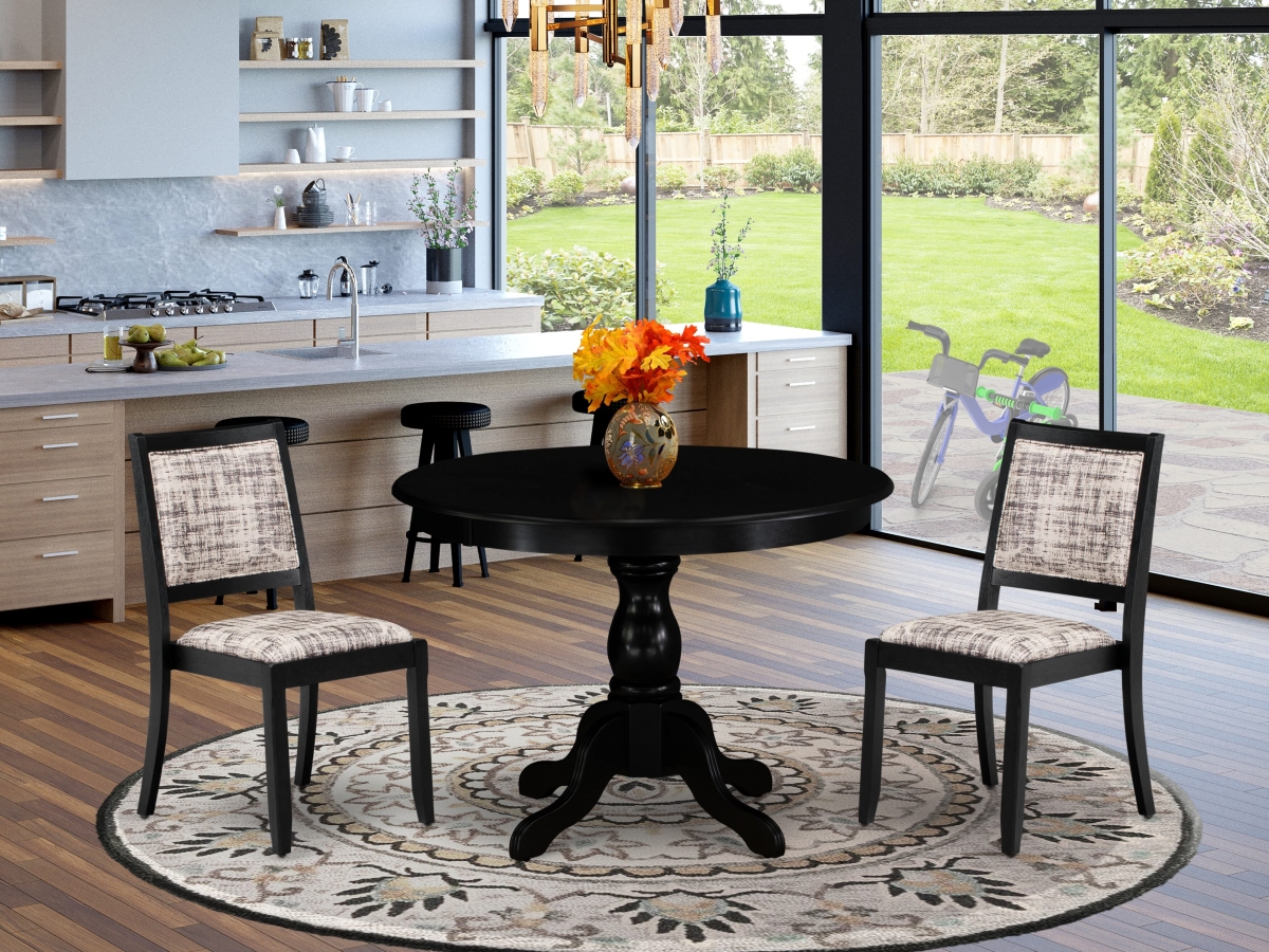 HBX23-ABK-30 Dining Set, Wire Brushed Black - A Round Table & 2 Stackable Faux Leather Fabric Chairs - 3 Piece