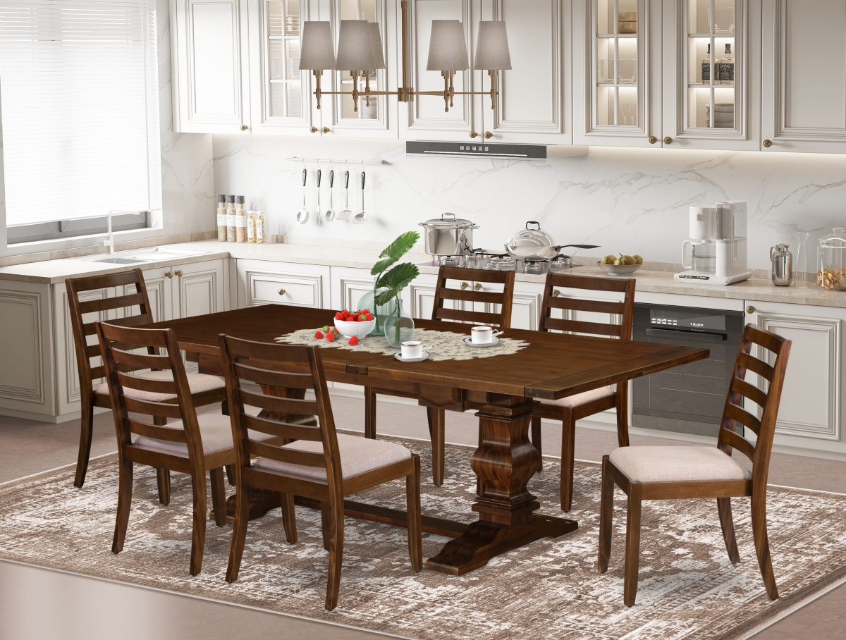 LAX17-08-04 Kitchen Table Set Included A Removable Leaf Table & 6 Light Tan Fabric Stackable Chair, Antique Walnut - 7 Piece