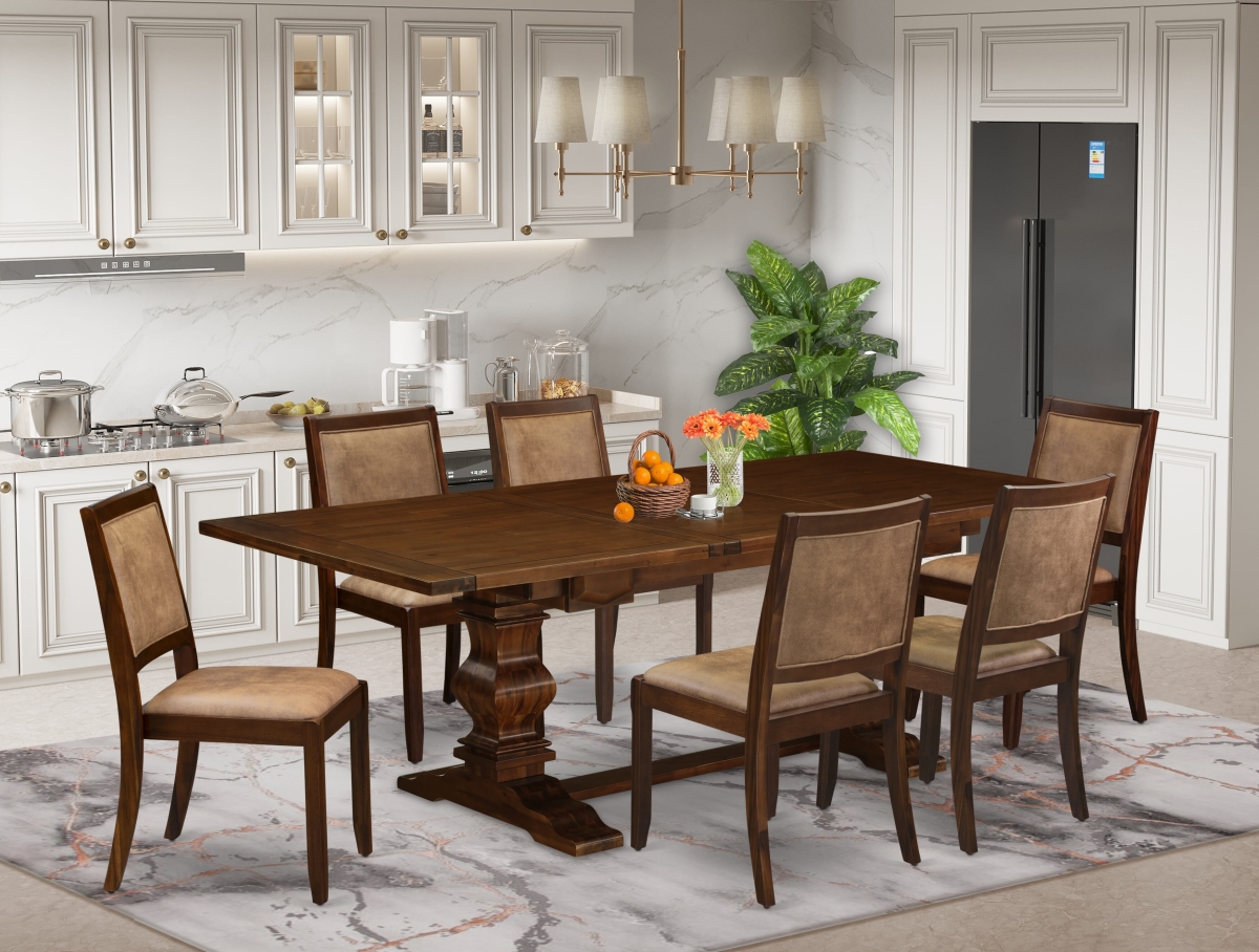 LAX27-08-28 Dining Set Included A Removable Leaf Table & 6 Brown Texture Leather Stackable Chair, Antique Walnut - 7 Piece
