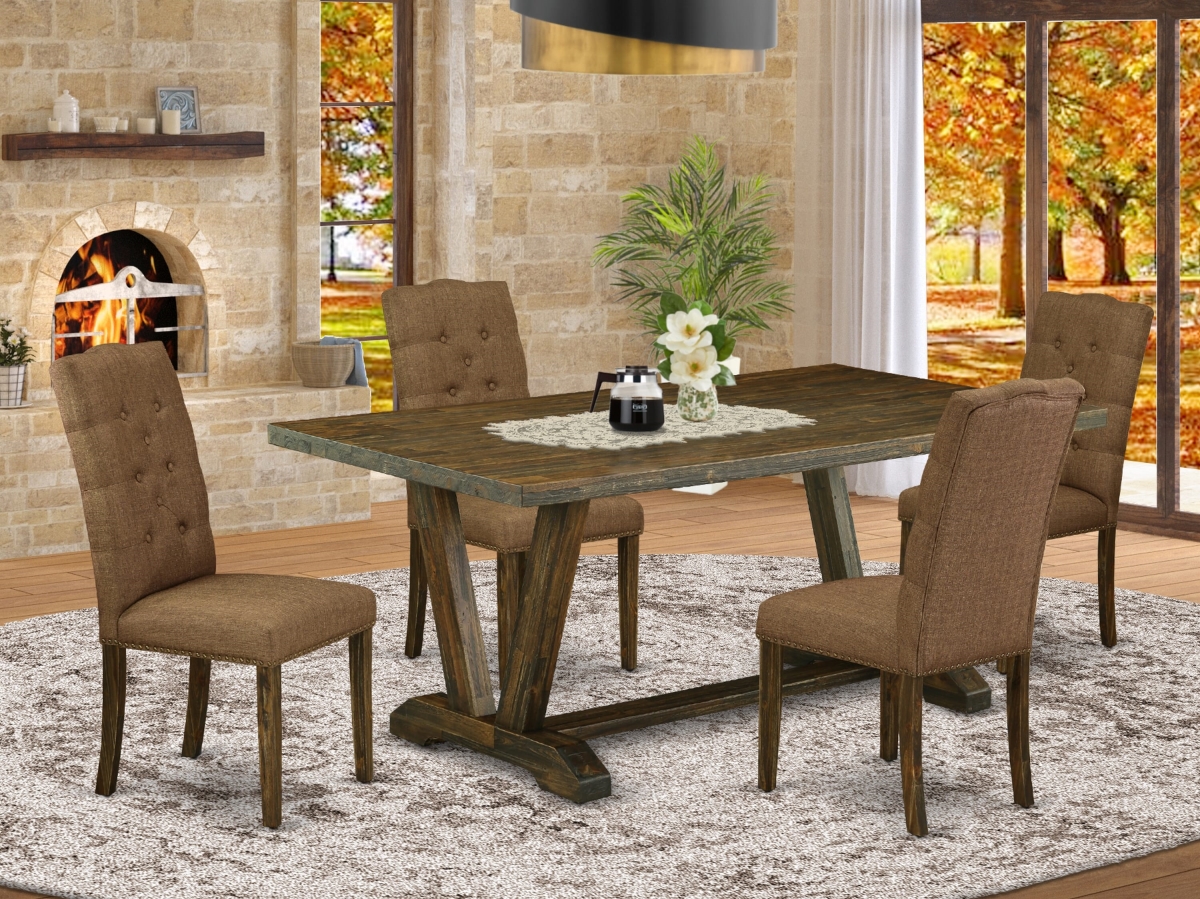 V777EL718-5 Rectangular Dining Table with Distressed Jacobean Dining Table Top, Multi-Color - 5 Piece