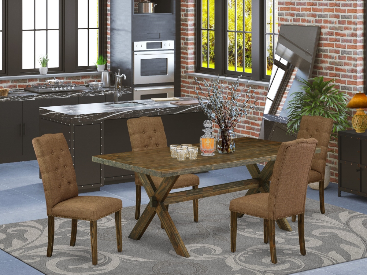 X777EL718-5 Rectangular Dining Table with Distressed Jacobean Mid Century Dining Table Top, Multi-Color - 5 Piece