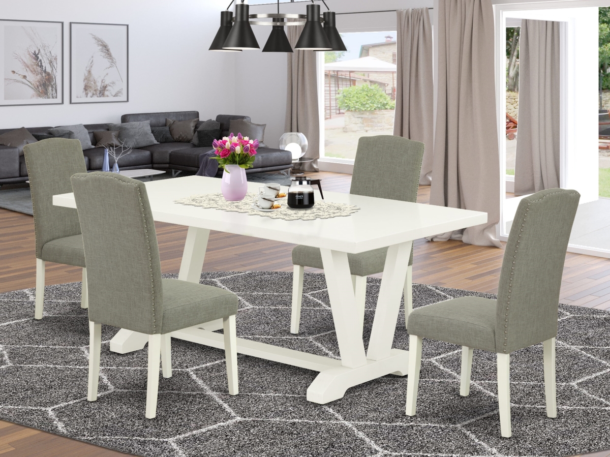 V027EN206-5 Kitchen Dining Room Table with Linen White Rectangular Table Top, Multi-Color - 5 Piece