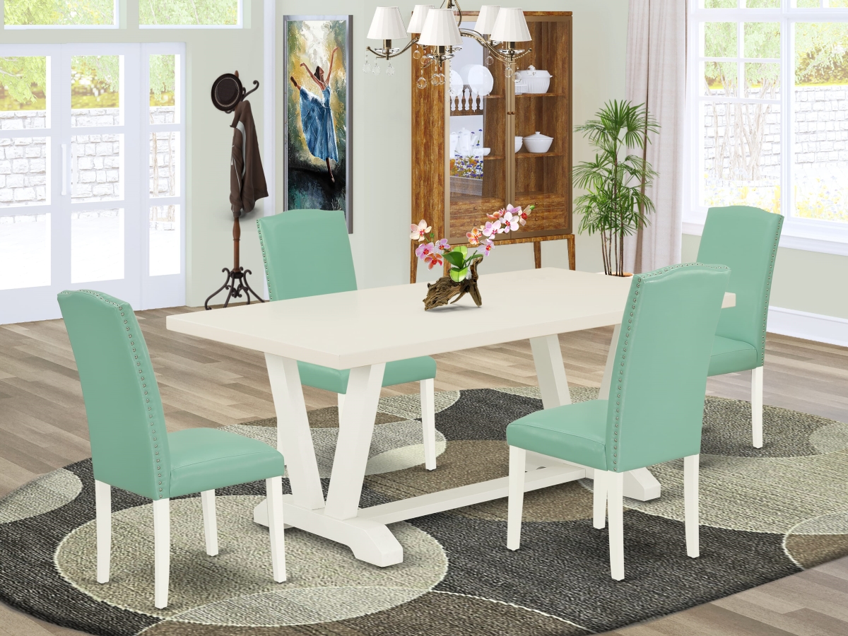 V027EN257-5 Dining Set, Multi-Color - A Rectangle Dining Room Table with V-Legs & 4 Pond Faux Leather Upholstered Chairs - 5 Piece