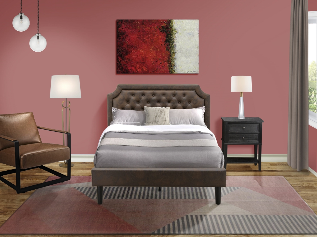 GBF-25-F Bed Frame Consist of Black Textured Upholstered Headboard, Black Textured - Footboard & Wood Rails - Slats - Wooden 9 Legs