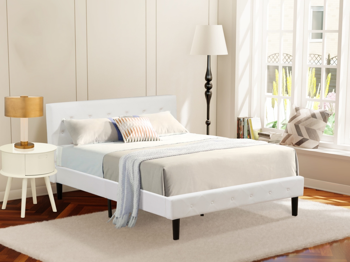 NLF-19-F Nolan Platform Bed Frame, White Velvet - Button Tufted Linen White Velvet Fabric Padded Headboard & Footboard Legs - Full Size