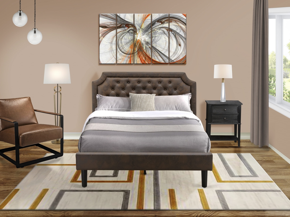 GBF-25-Q Wooden Bed - Black Textured Upholstered Headboard, Black Textured - Footboard & Wood Rails - Slats - Wooden 9 Legs Finish