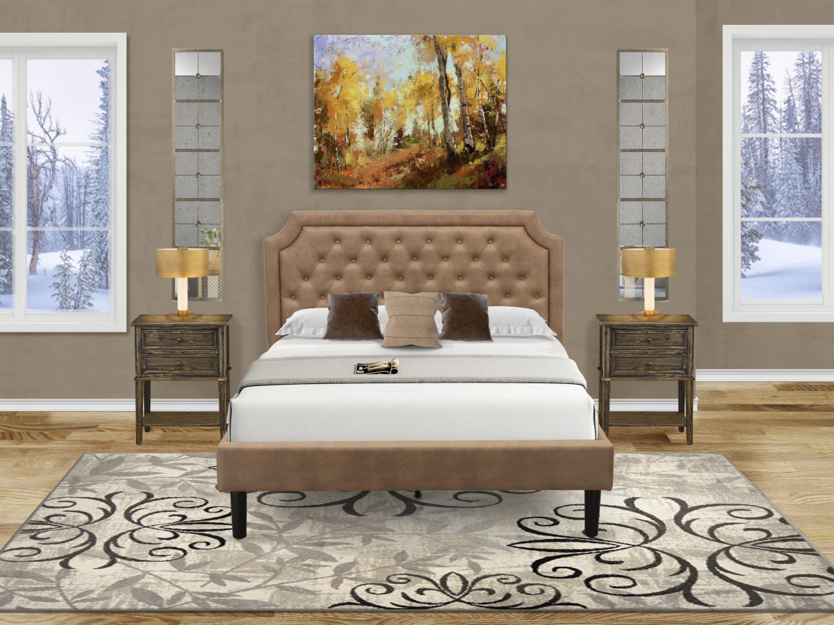 GBF-28-Q Queen Bed - Brown Textured Upholstered Headboard, Brown Textured - Footboard & Wood Rails - Slats - Wooden 9 Legs Finish