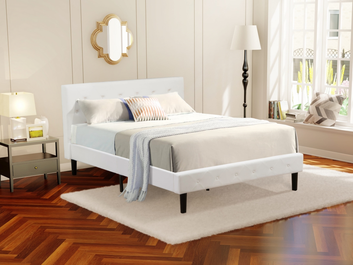 NLF-19-Q Nolan Platform Bed Frame, White Velvet - Button Tufted Linen White Velvet Fabric Padded Headboard & Footboard Legs - Queen Size