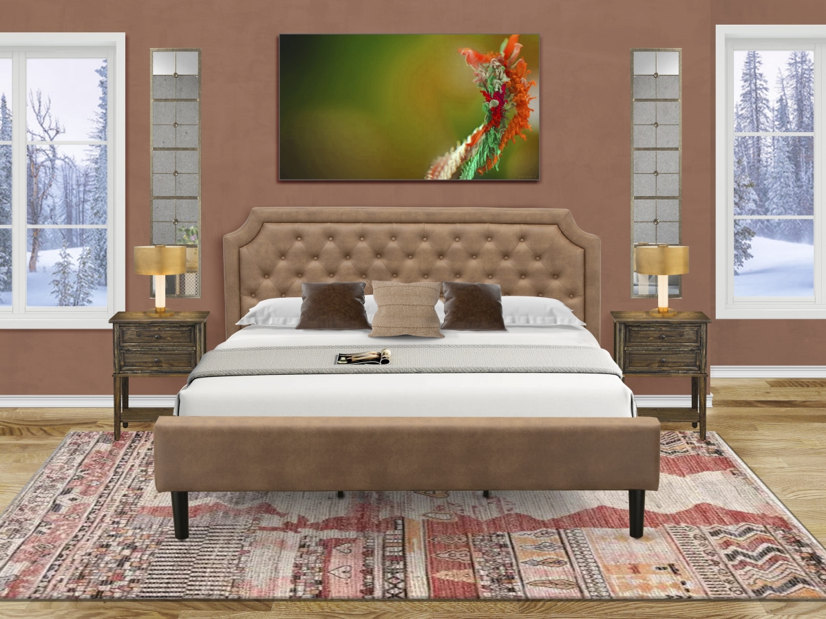 GBF-28-K King Bed Contains Brown Textured Upholstered Headboard, Brown Textured - Footboard & Wood Rails - Slats - Wooden 9 Legs Finish