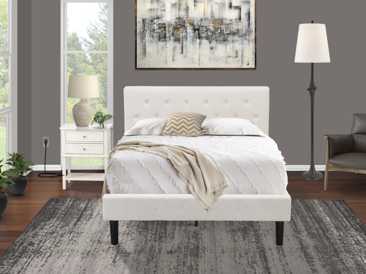 NL19F-1VL0C Bed Set, White Velvet - 1 Full Bed Linen white Velvet Fabric Headboard & 1 Nightstand - 2 Piece
