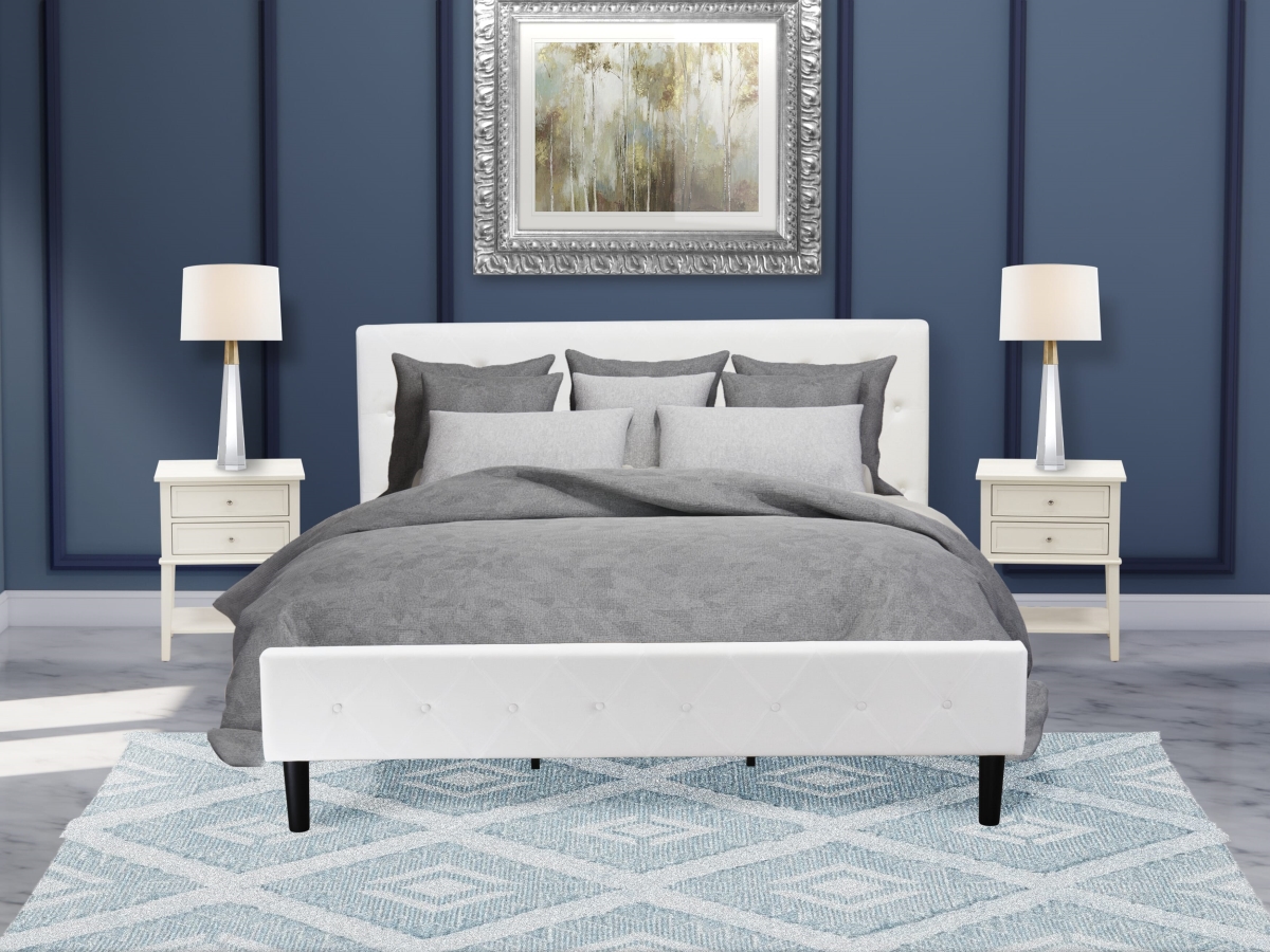 NL19K-2VL0C Bed Set, White Velvet - 1 Bed Linen white Velvet Fabric Headboard & 2 Nightstands - 3 Piece