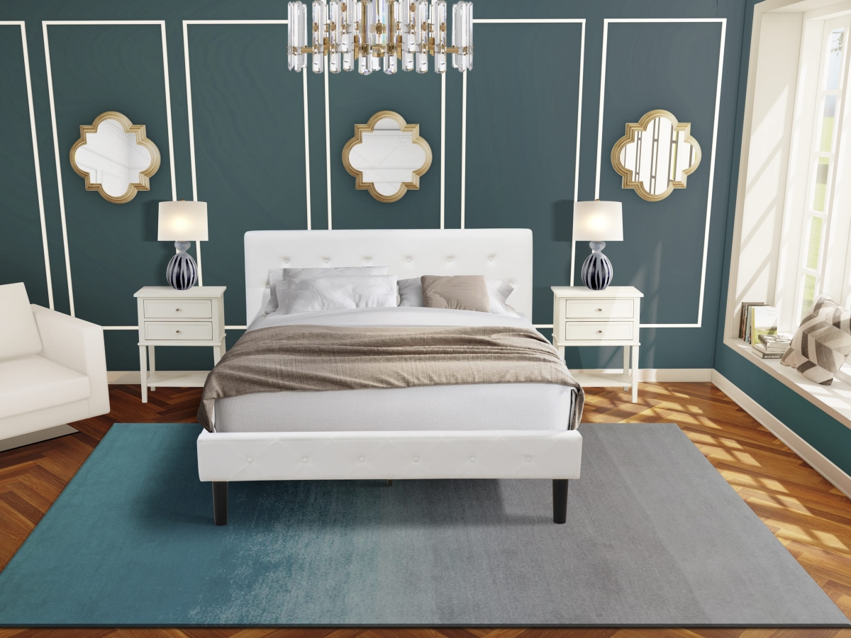 NL19Q-2VL0C Bed Set, White Velvet - 1 Bed Linen White Velvet Fabric Headboard & 2 Nightstands - 3 Piece