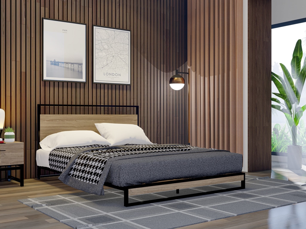 WIQBB03 Wilson Queen Frame with 3 Supporting Legs, Black - High-Class Bed Frame in Powder Coating Black Color & Weathered Wood Laminate