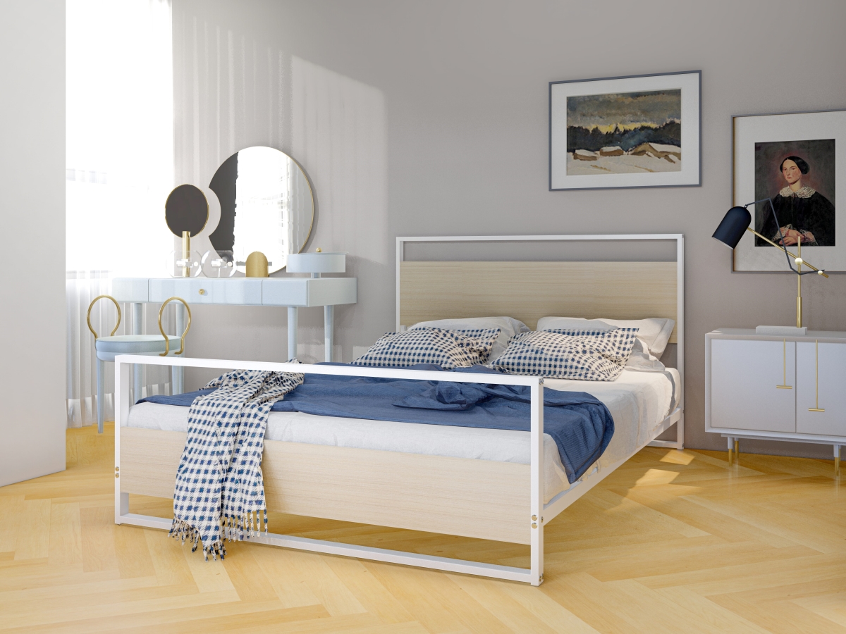 ERFBW02 Erie Platform Bed Frame with 4 Metal Legs, White - High-Class Bed in Powder Coating Linen White Color & Linen White Wood Laminate