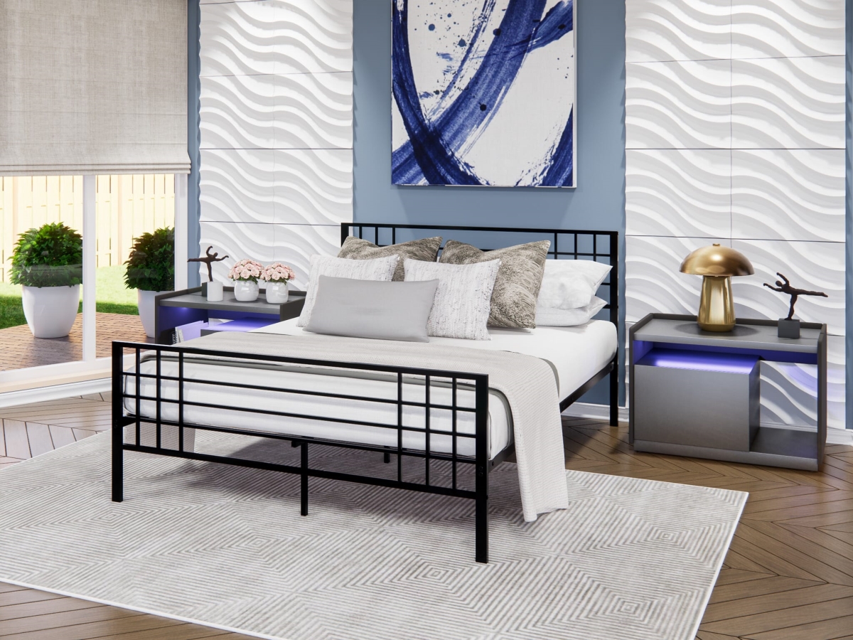 TYFBBLK Tyler Bed Frame with 9 Metal Legs, Black - High-Class Bed in Powder Coating Black Color