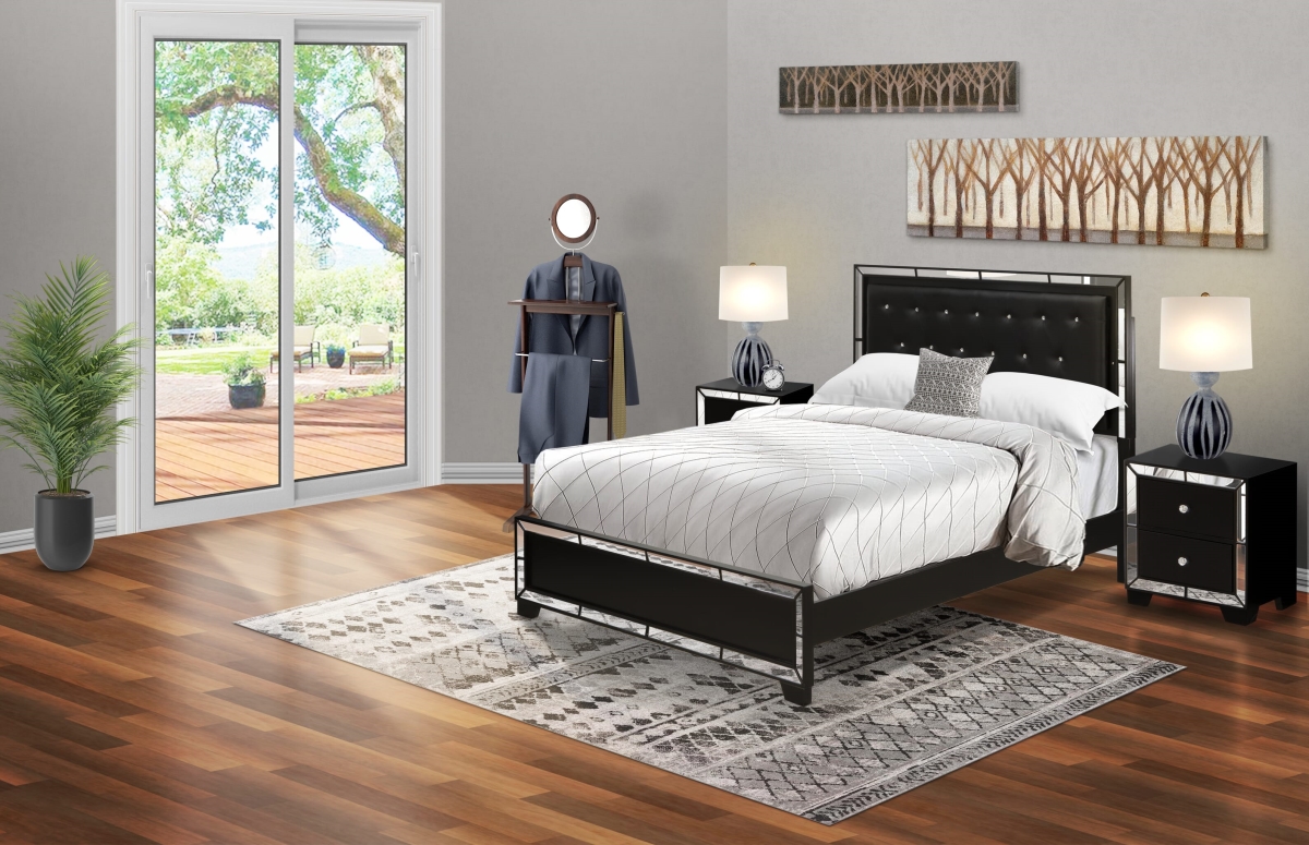 NE11-Q2N000 Nella Bedroom Set with Button Tufted Queen Bedframe & 2 Modern Nightstands, Black - Black Faux Leather Headboard & Legs - 3 Piece