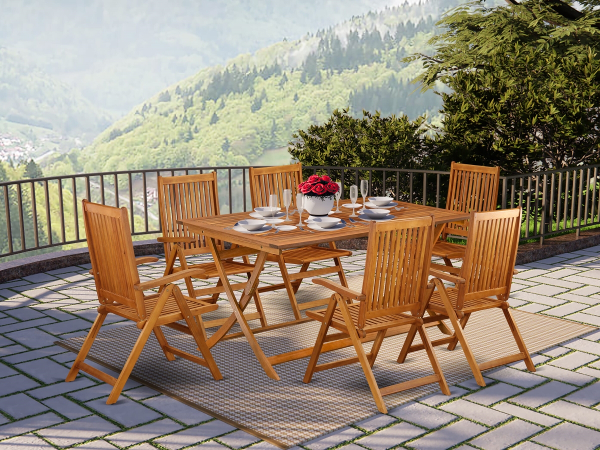 AECN7C5NA Modern Folding Table Set, Natural Oil - Beautiful Wood Table with Multi Positions 6 Outdoor Patio Chairs - 7 Piece