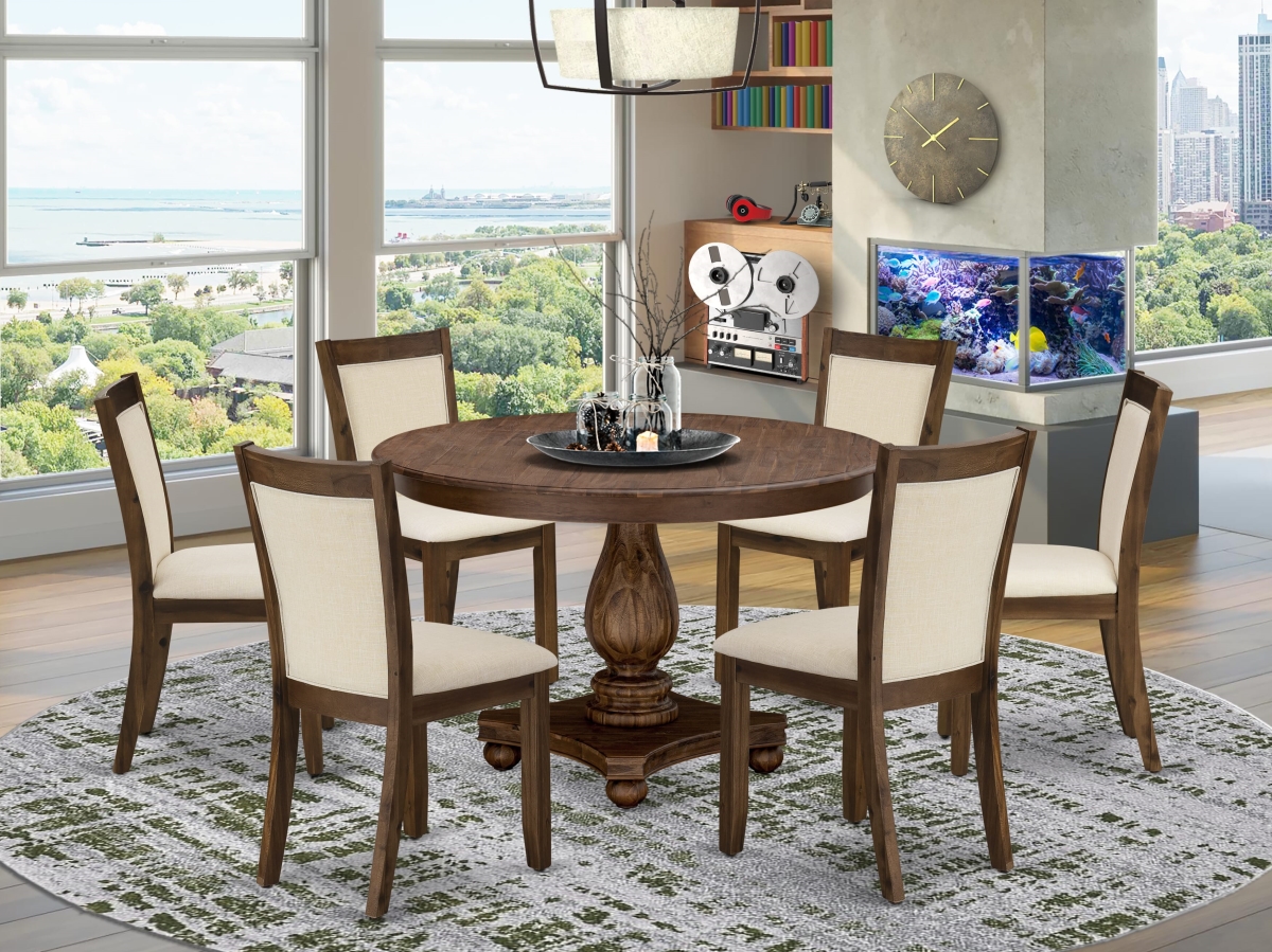 F2MZ7-NN-32 Dinning Table Set, Sandblasting Antique Walnut - A Wood Table & 6 Dining Chairs with Stylish Back - 7 Piece