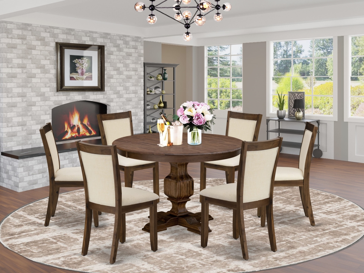 F3MZ7-NN-32 Kitchen Table Set, Sandblasting Antique Walnut - A Dining Table & 6 Dining Chairs with Stylish Back - 7 Piece