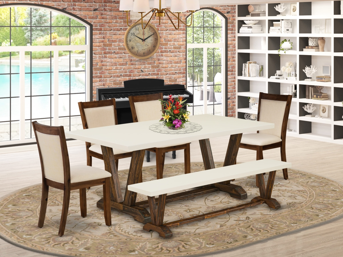 V727MZN32-6 Dining Set, Multi-Color - 1 Dining Table & Dining Bench & 4 Kitchen Chairs with Stylish Back-Distressed Jacobean Finish - 6 Piece