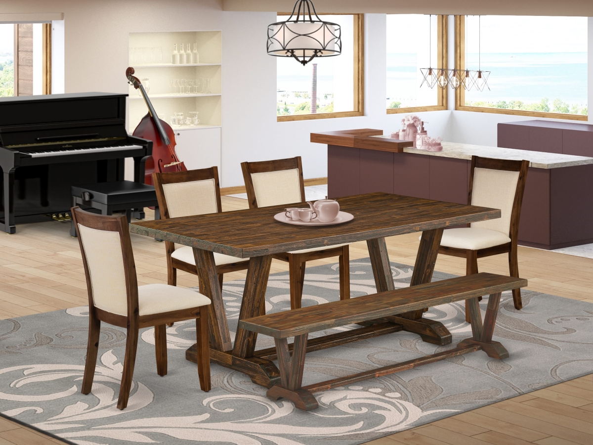 V777MZN32-6 Dining Set with A Dining Table & A Bench with 4 Light Beige Dining Chairs, Multi-Color - 6 Piece