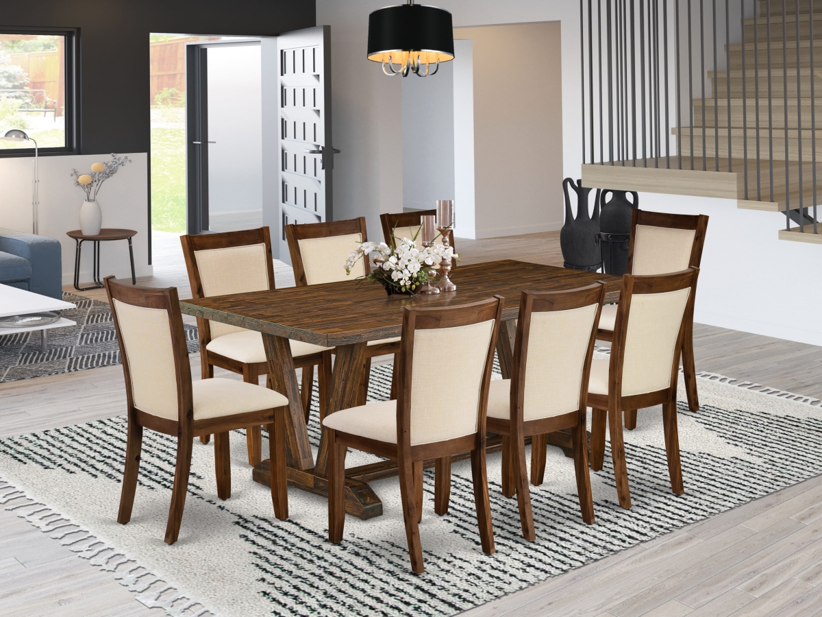 V777MZN32-9 Dining Room Set, Multi-Color - A Dinner Table & 8 Light Beige Upholstered Chairs - 9 Piece