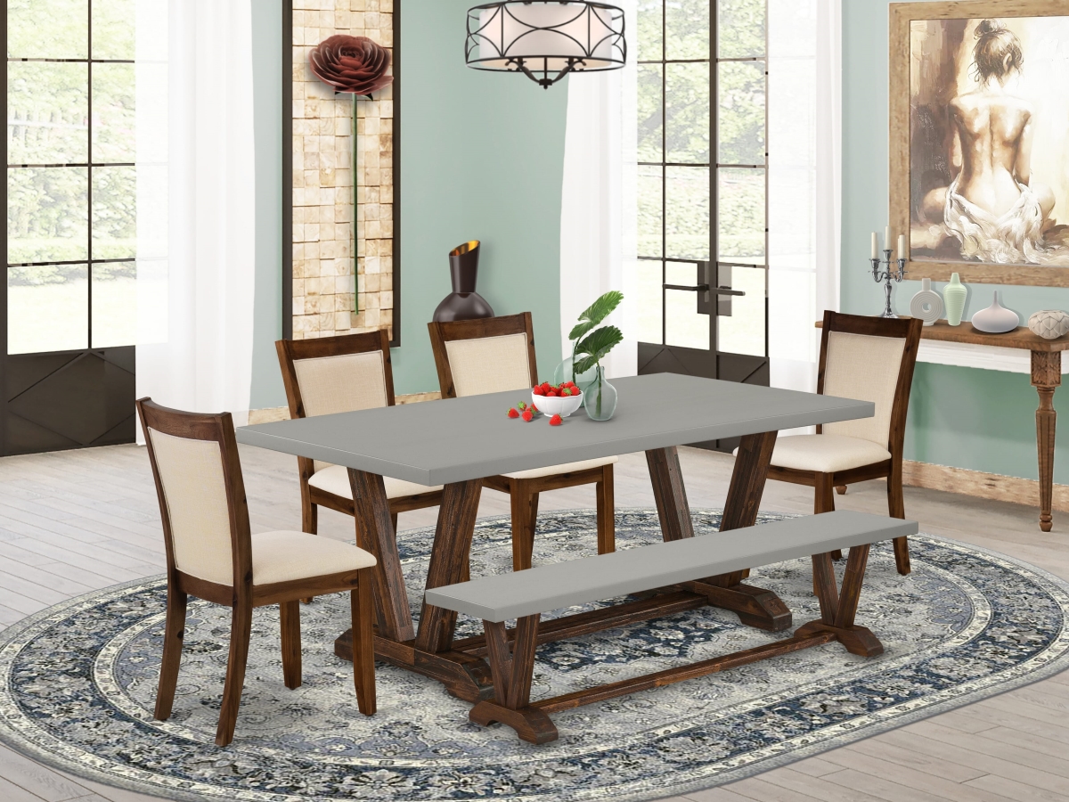 V797MZN32-6 Table Set Contains A Wood Table & A Wood Bench with 4 Light Beige Parson Chairs, Multi-Color - 6 Piece