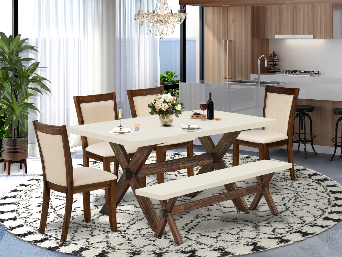 X726MZN32-6 Dining Set, Multi-Color - A Dinner Table & A Bench with 4 Light Beige Parson Chairs - 6 Piece