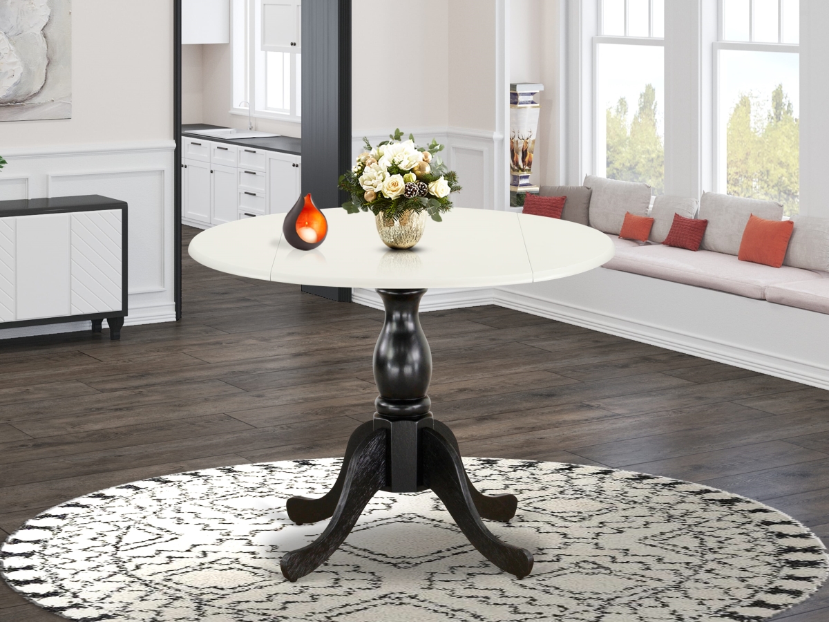 DST-LBK-TP Round Kitchen Table with Drop Leaves, Linen White & Black - Linen White Table Top & Black Pedestal Leg Finish
