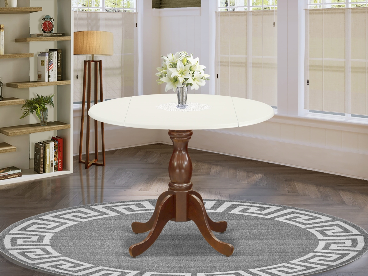 DST-LMA-TP Modern Dining Table with Drop Leaves, Linen White & Mahogany - Linen White Table Top & Mahogany Pedestal Leg Finish