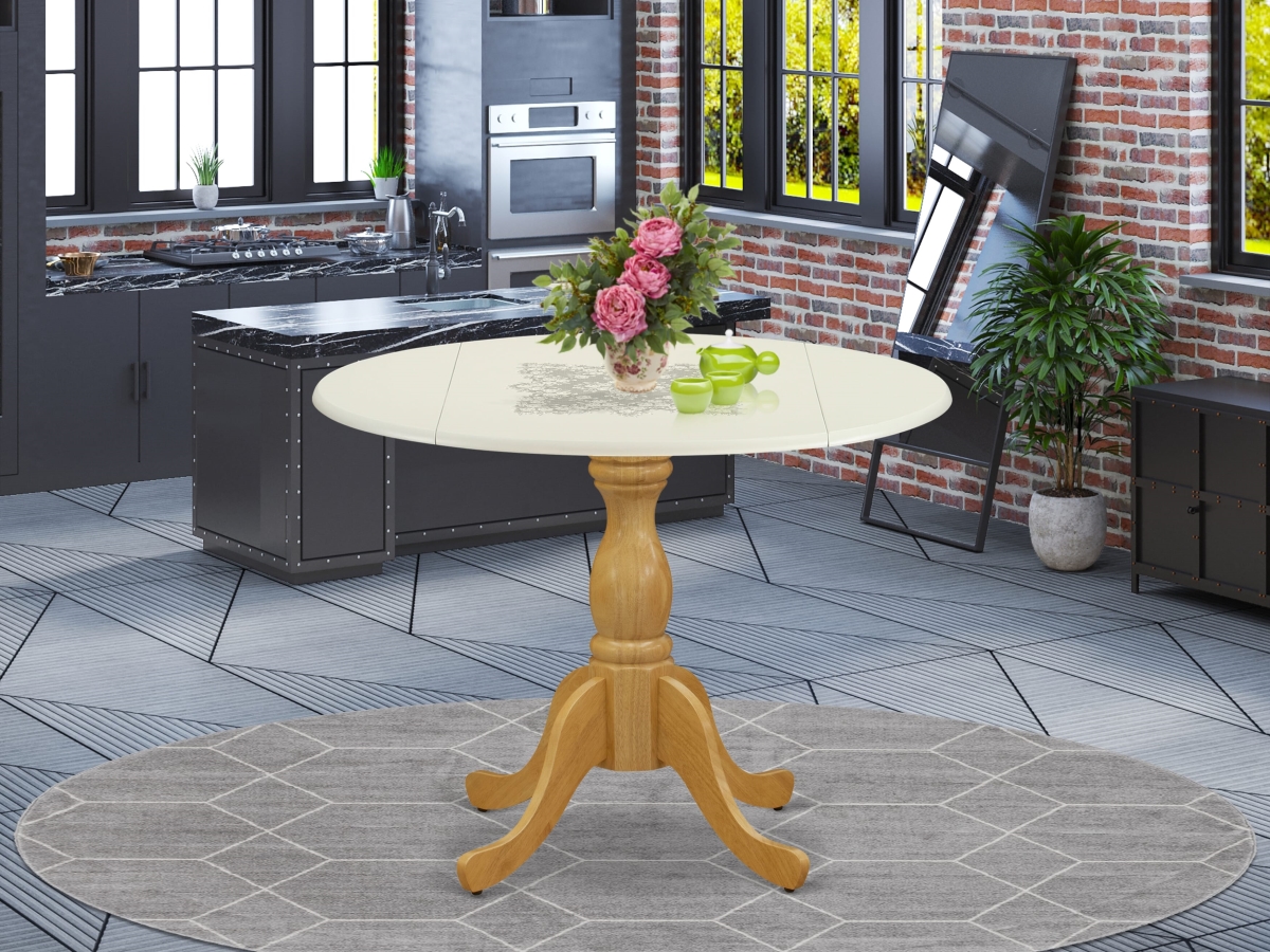 DST-LOK-TP Wood Dining Table with Drop Leaves, Linen White & Oak - Linen White Table Top & Oak Pedestal Leg Finish