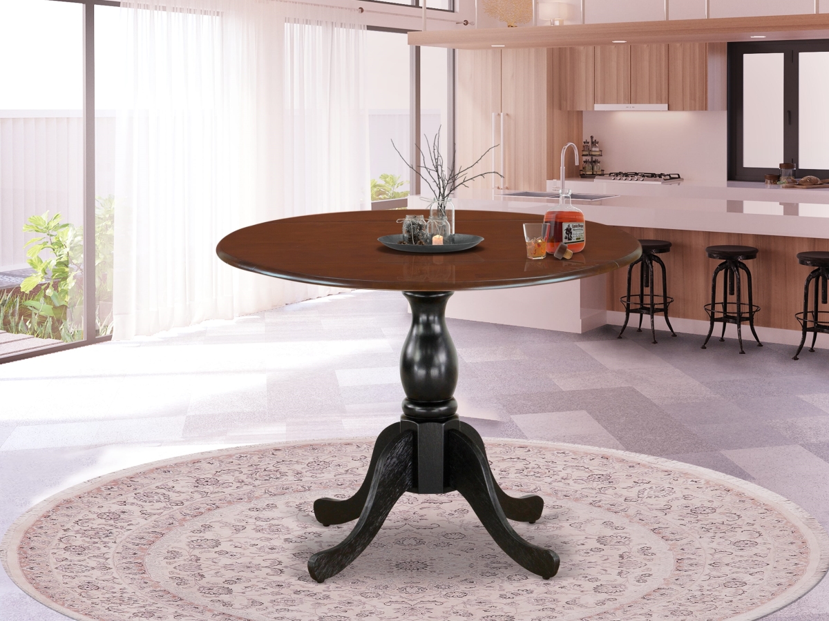 DST-MBK-TP Mid Century Modern Dining Table with Drop Leaves, Mahogany & Black - Mahogany Table Top & Black Pedestal Leg Finish