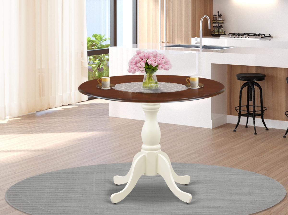 DST-MLW-TP Mid Century Dining Table with Drop Leaves, Mahogany & Linen White - Mahogany Table Top & Linen White Pedestal Leg Finish